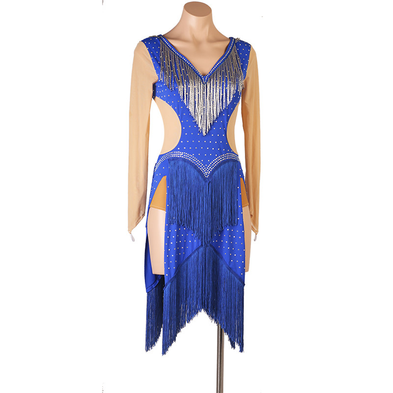 手工管珠拉丁舞连衣裙比赛演出服流苏伦巴桑巴舞裙修身显瘦舞蹈裙