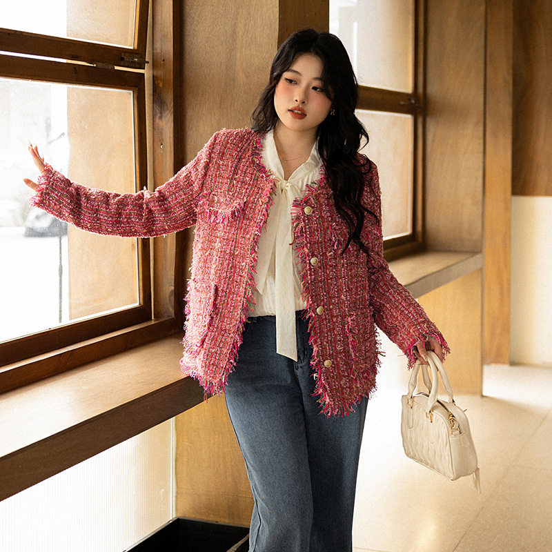 粉色小香风高级感外套大码女装200斤胖mm法式名媛风秋冬夹棉上衣