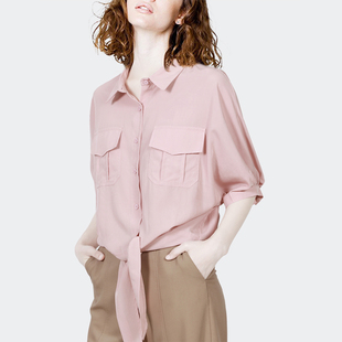 2023夏装新款时尚百搭Polo领衬衫上衣女设计感五分袖粉色宽松衬衣