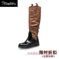 TONGPU时尚春秋仿皮PU接帮中高筒矮跟女式马靴雨靴水鞋套鞋胶鞋女