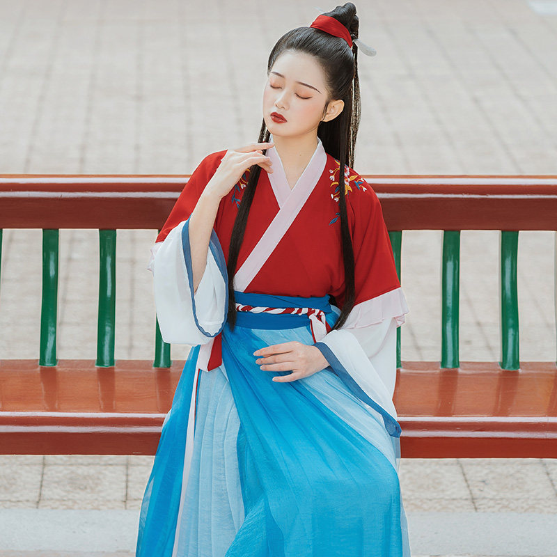 墨语猫逍遥令 红色晋制汉服女交领齐腰襦裙古风仙气绣花交领半臂