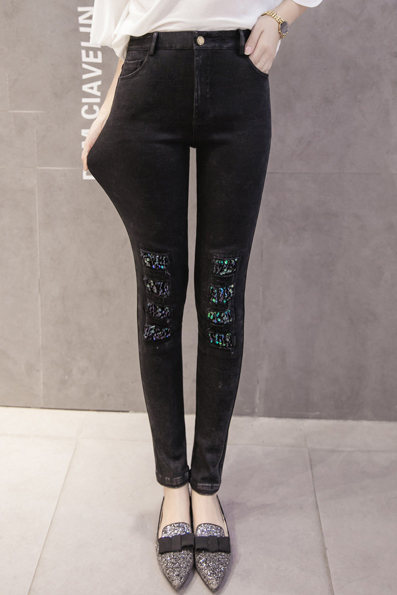 实拍2019春高腰弹力破洞亮片打底裤外穿小脚裤钻石纹裤子女