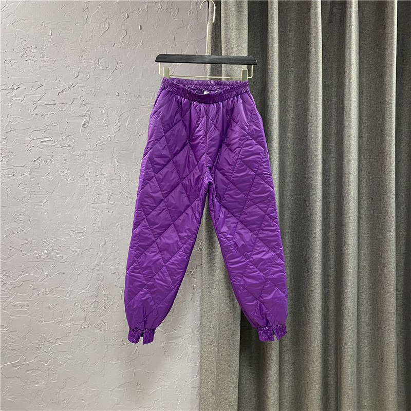 时尚女装2021冬季新款松紧腰宽松九分哈伦裤保暖加厚束脚紫色棉裤