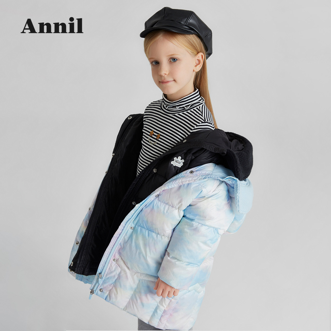 安奈儿女童长款羽绒服2021冬季新款英伦纯色有帽不可拆