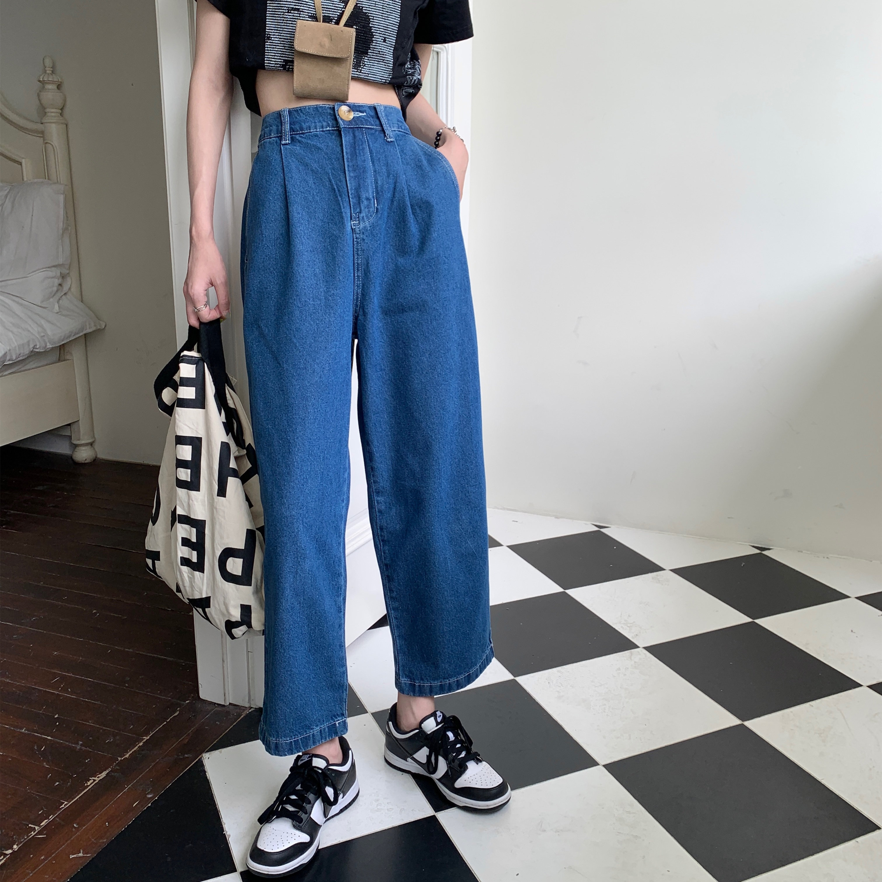 实拍实价 韩版新款松紧腰宽松直筒阔腿香蕉奶奶裤牛仔裤