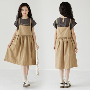 2024夏季新款女童背带裙套装韩版薄软洋气短袖T恤+裙子两件套亲子