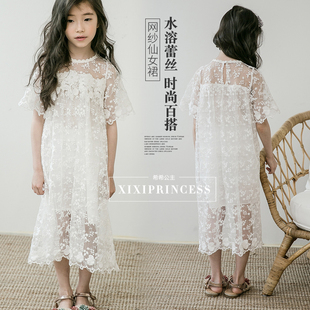 女童公主水溶蕾丝连衣裙2018夏装新韩版儿童洋气时尚女孩短袖裙子