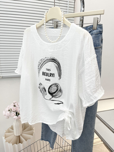 个性t恤女设计独特夏中长款圆领短袖韩版大码宽松耳机烫钻雪纺衫
