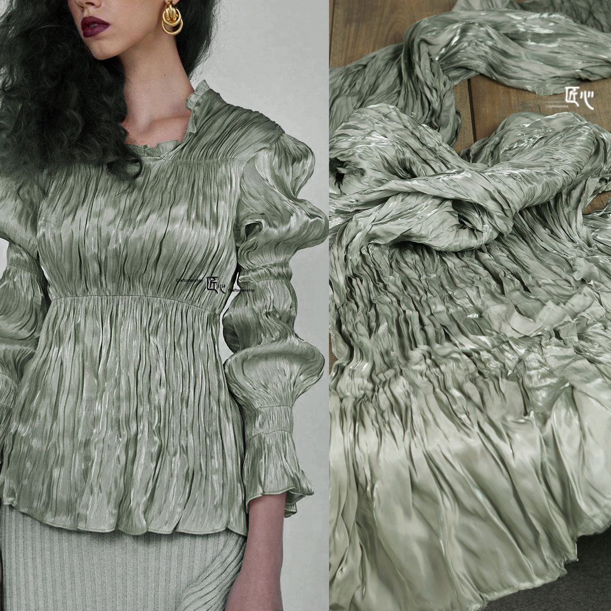 压褶/单扭淡绿色丝光仿真丝缎面 微光三zhai一生裙礼服设计师面料