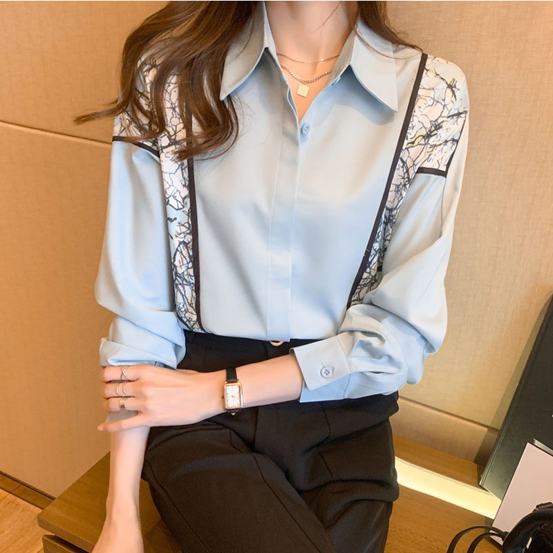 PF8383#洋气显瘦 新款女装翻领撞花雪纺衫上衣开衫衬衫打底衫衬衣女裝貨源服裝批發