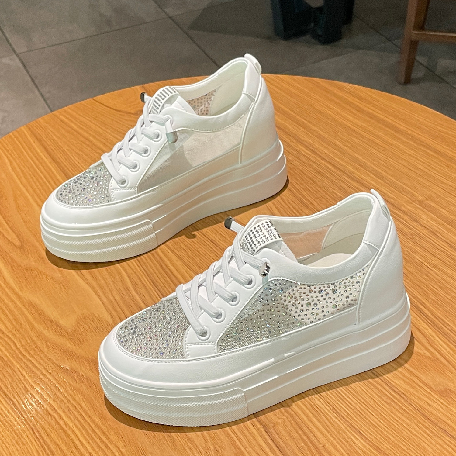 8cm网纱透气水钻内增高小白鞋女夏季松糕鞋女一脚蹬休闲单鞋新款