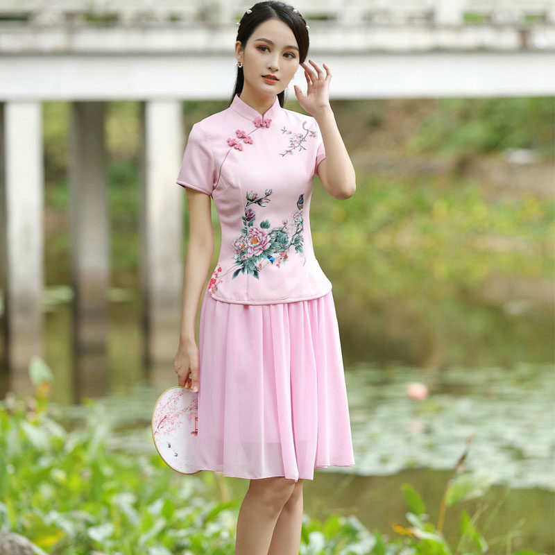 夏季新款印花短袖旗袍上衣时尚修身两件套女士复古唐装民国风套装