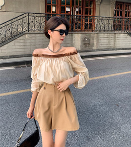 Off shoulder top Khaki wide leg overalls shorts