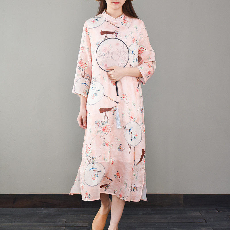 淡墨原创新款苎麻改良旗袍女对襟盘扣禅意茶服棉麻文艺宽松连衣裙