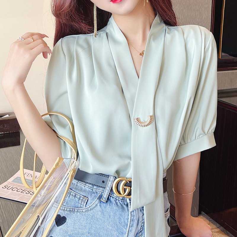飘带v领真丝套头衬衫女夏季气质丝绸缎面白色衬衣蝴蝶结雪纺上衣