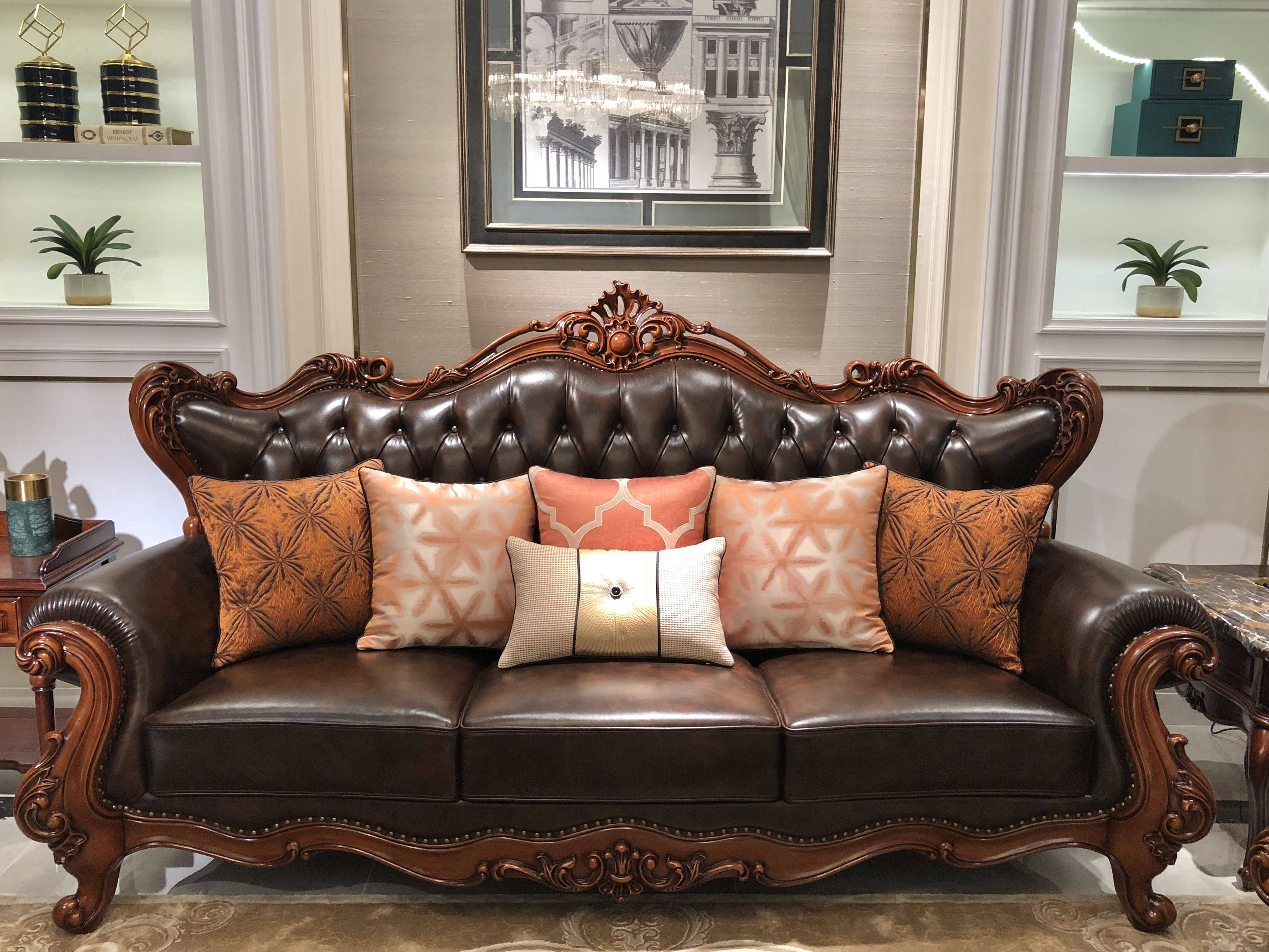hc685美式真皮沙发欧式实木雕花沙发法式沙发简欧沙发古典沙发245