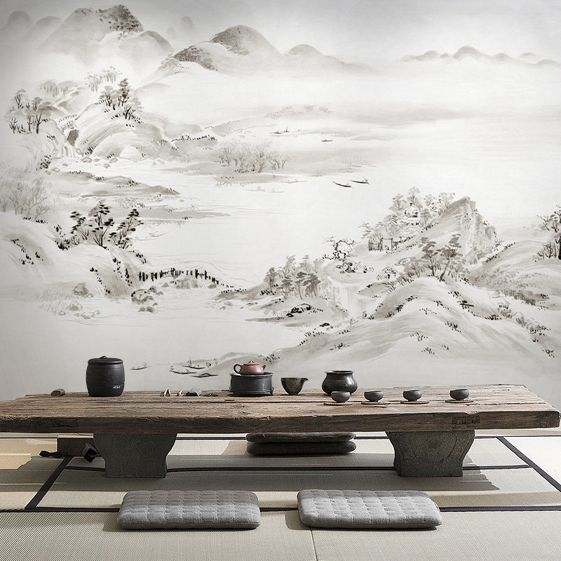 一折电视背景墙壁纸 无纺布山水画_新中式淡雅水墨山水电视背景墙布