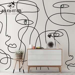 北欧简约黑白线条壁画电视沙发背景墙客厅餐厅大型壁画来图定制