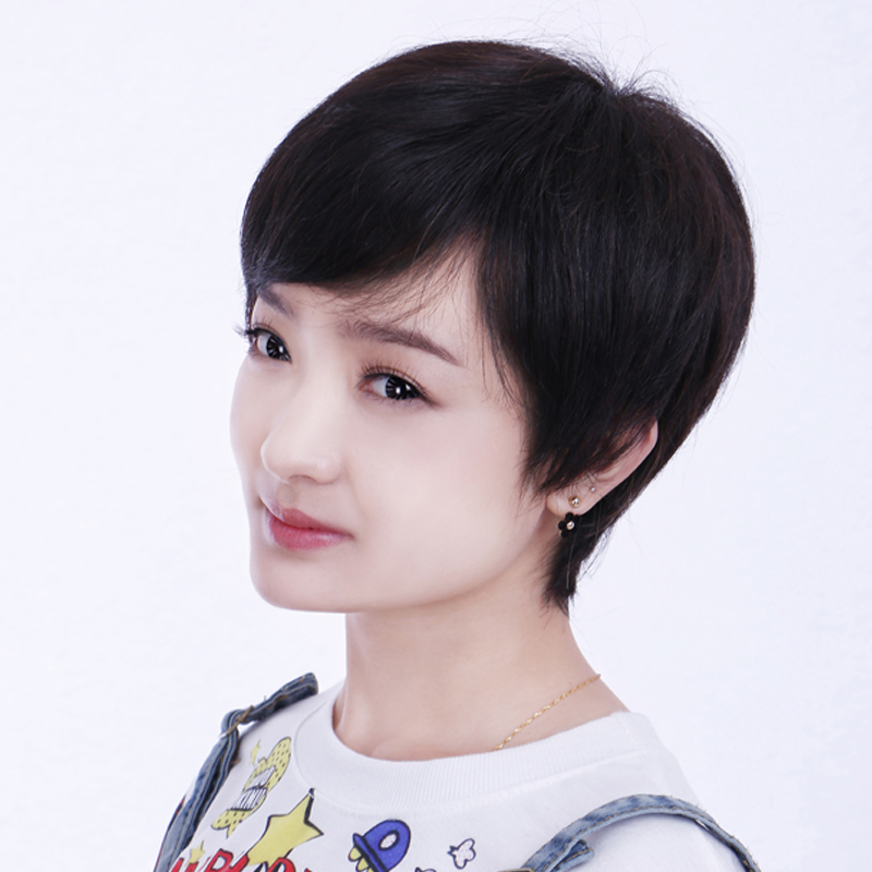 新品逼真斜刘海短发女士假发套中年妈妈气质蓬松真发自然整顶发型