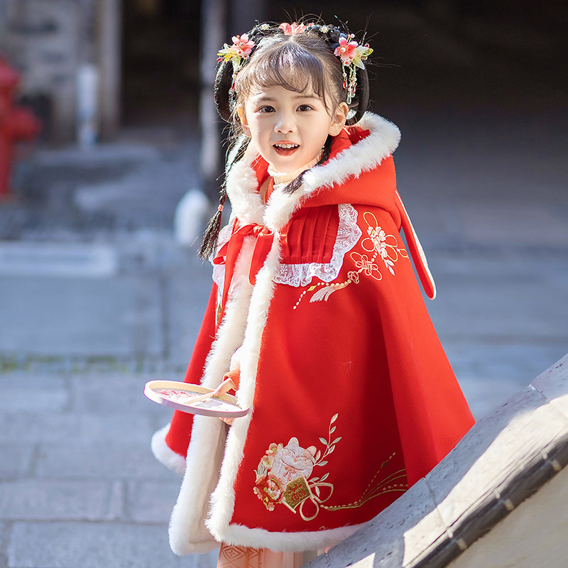 汉服女童原创古风新年加绒加厚斗篷小女孩中国风披肩过年披风冬装