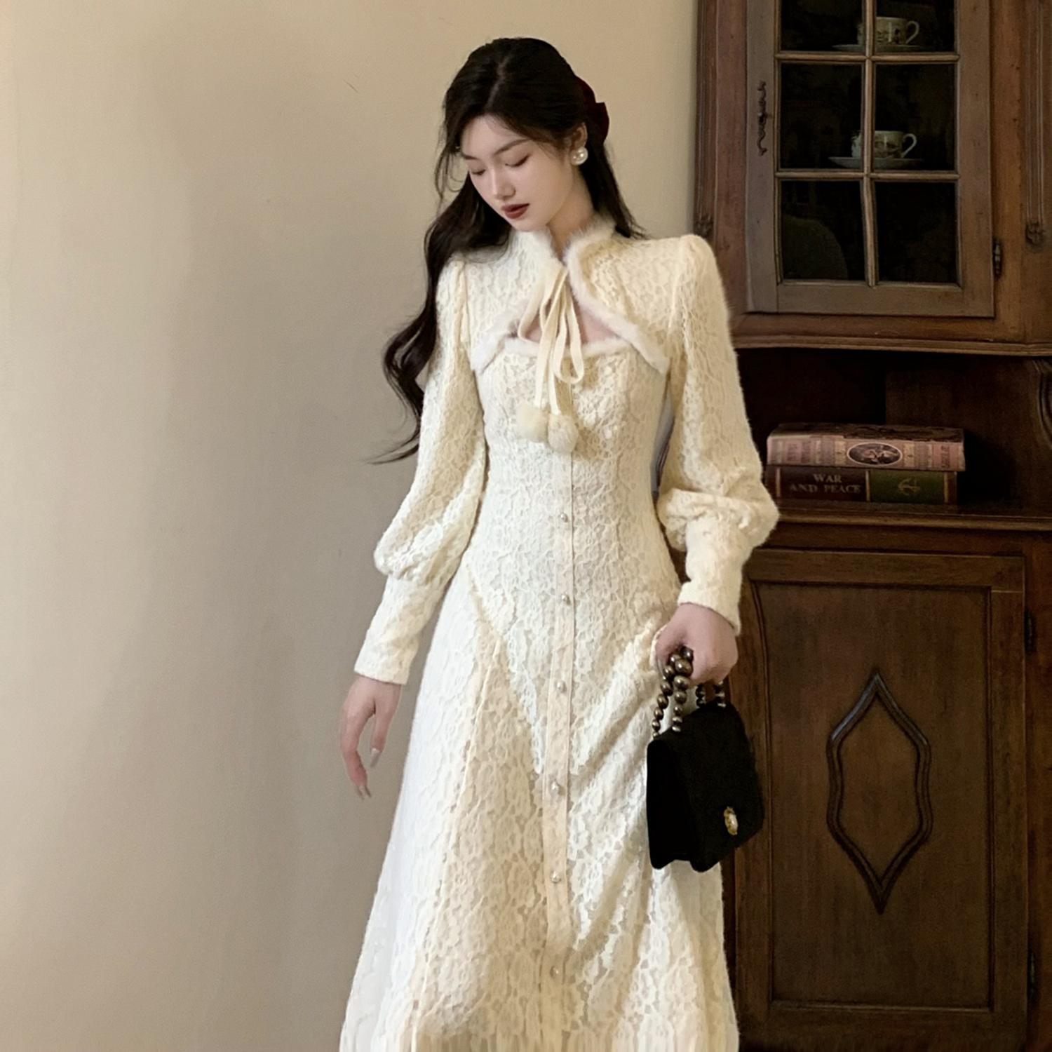复古民国风蕾丝打底连衣裙秋冬配大衣别致收腰惊艳裙子高级感长裙
