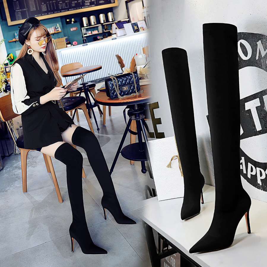 甘逗逗的鞋店的优惠券大全—2021年过膝长靴女冬季莱卡弹力布细跟尖头