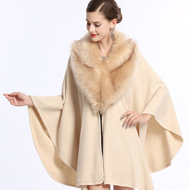 欧美风米色秋冬新款仿狐狸毛大毛领宽松大码针织披肩斗篷针织衫_不