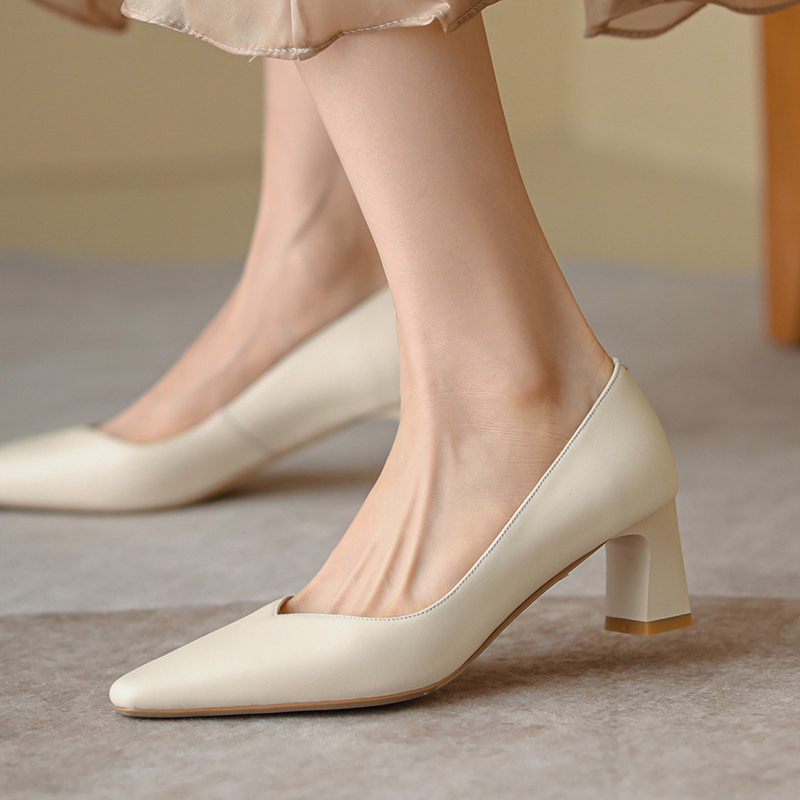 羊皮小方头高跟鞋浅口