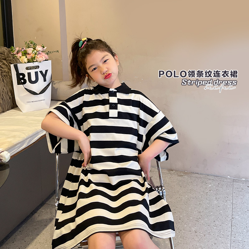 菲菲的衣柜女童Polo裙夏季2023新款中大童洋气条纹连衣裙简约裙子