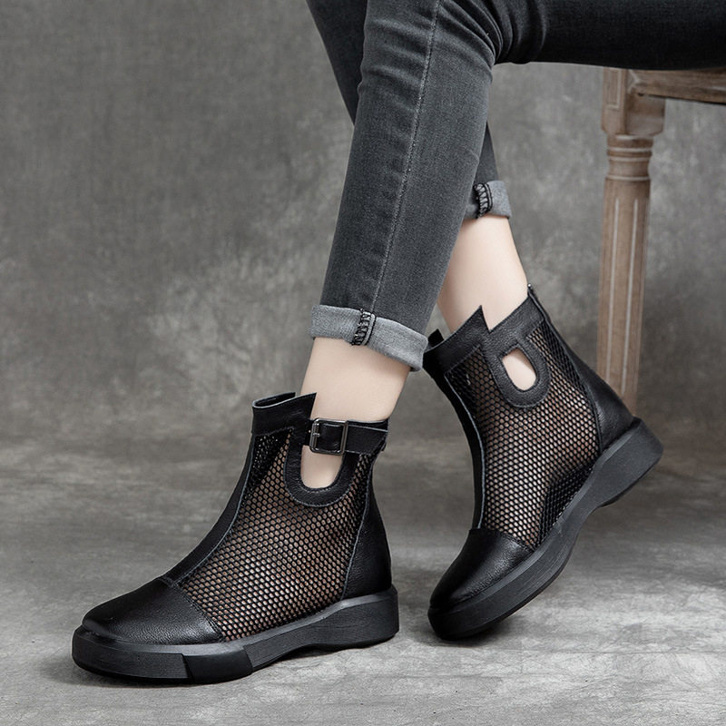 凉靴女夏2022年新款真皮网纱短靴夏天镂空薄款休闲软底纯皮网靴子