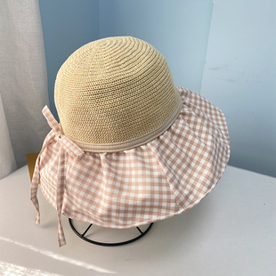 休闲渔夫帽女夏季大檐可折叠格纹帽檐拼色盆帽镂空透气显脸小时尚