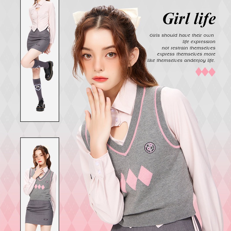 【LIFEGIRL】初恋情书*温柔大姐姐穿的镂空爱心衬衫毛衣马甲套装