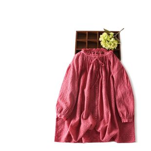 日系森女衬衣夏新品苎麻刺绣单排扣宽松上衣中袖木耳花边纯色衬衫