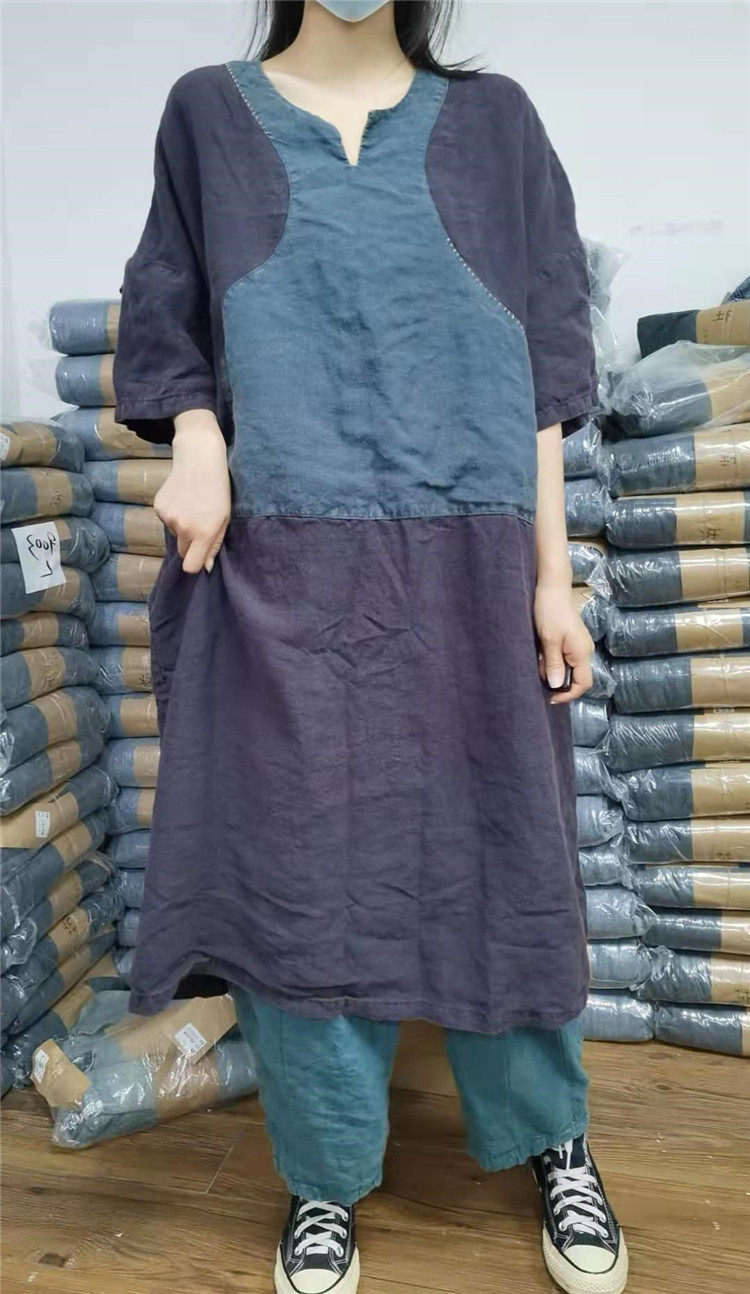 7783款花社正品亚麻做旧连衣裙女宽松大码休闲复古撞色拼接长裙