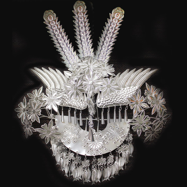 民族苗银头饰三尾鸟花头钗流苏