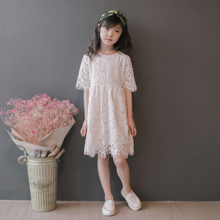 女童连衣裙韩版2024新款夏装洋气大童白色蕾丝裙女孩仙女风公主裙