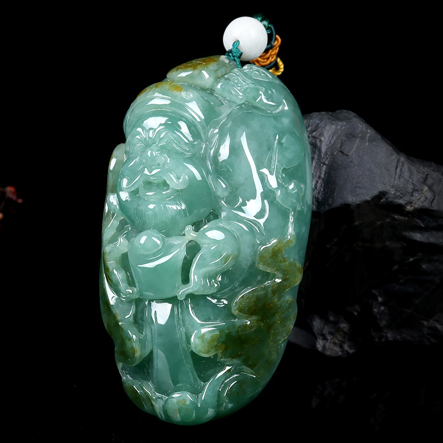天然缅甸a货翡翠财神手把件249g(含珠绳重)