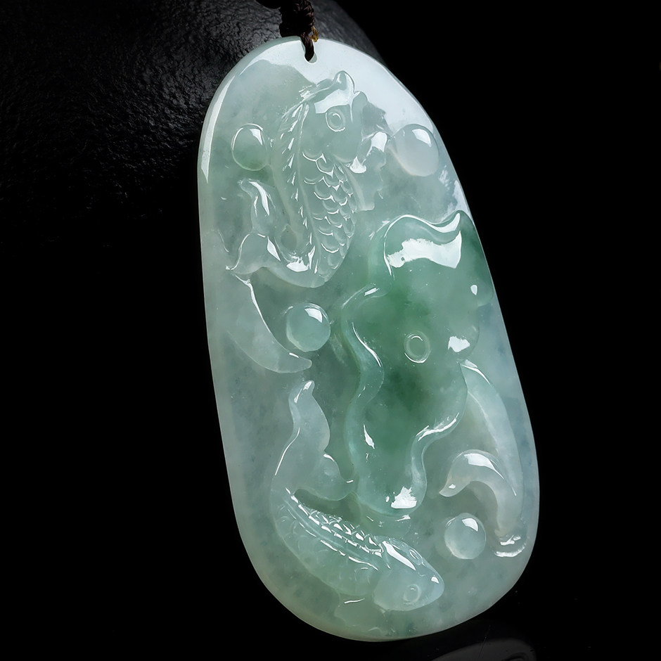 天然缅甸冰种a货翡翠金鱼吊坠 年年有余 34.00g