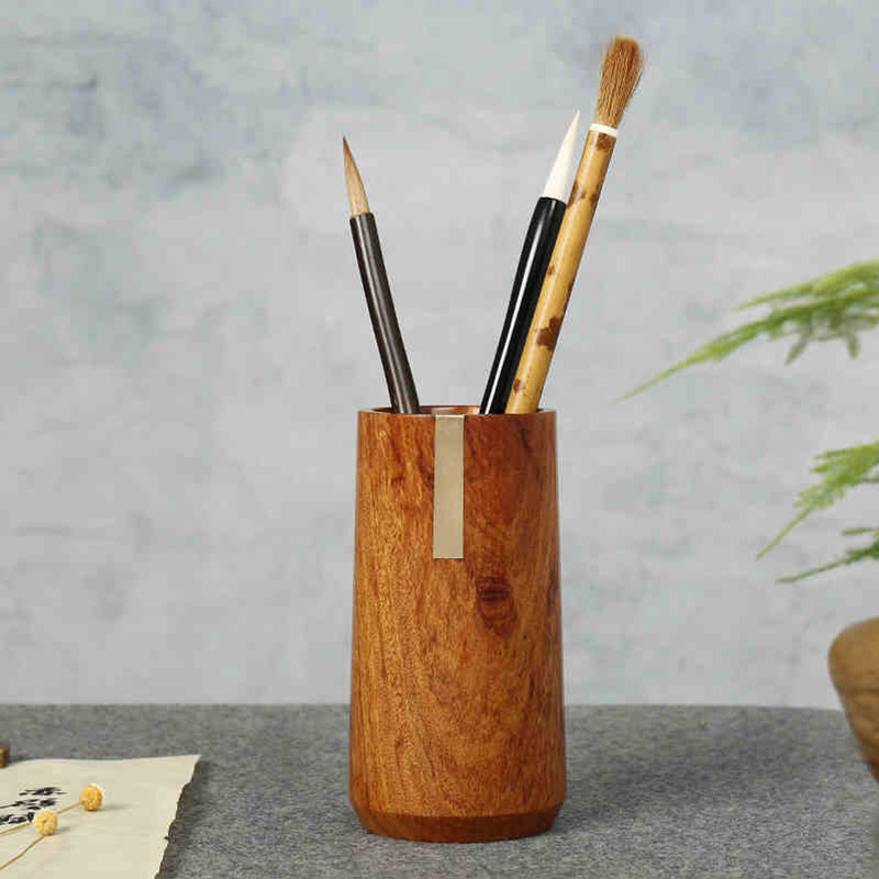 笔筒办公室桌面高档商务用品艺术品摆件收纳盒实木质笔架简约现代复古