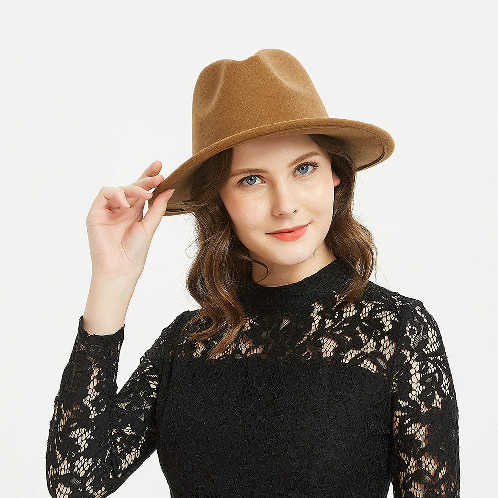 大帽檐礼帽 男女春秋英伦宽檐爵士帽复古绅士驼色帽子 fedora hat