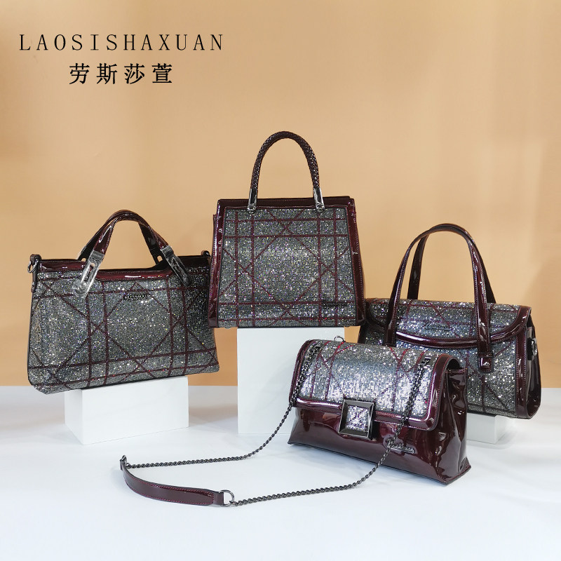 特价劳斯莎萱_2019新款女包劳斯莎萱韩版时尚漆皮手提包真皮镶钻百搭
