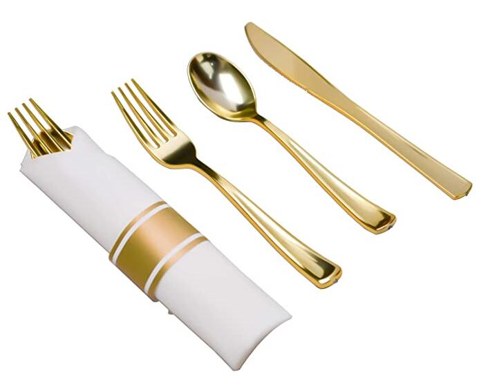 亚马逊一次性塑料金色刀叉勺餐巾纸套装婚礼派对餐饮装饰餐具三件