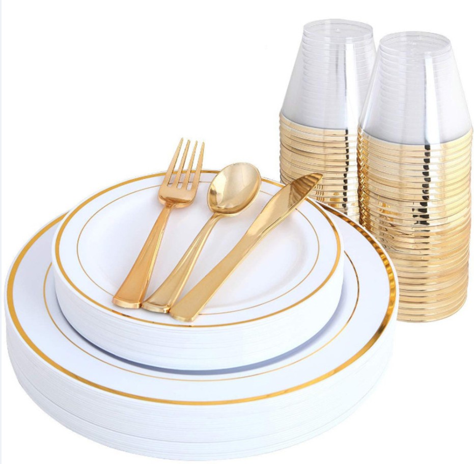 25个套装外贸餐具一次性金色圆点金边盘子酒杯刀叉勺套装PS塑料盘