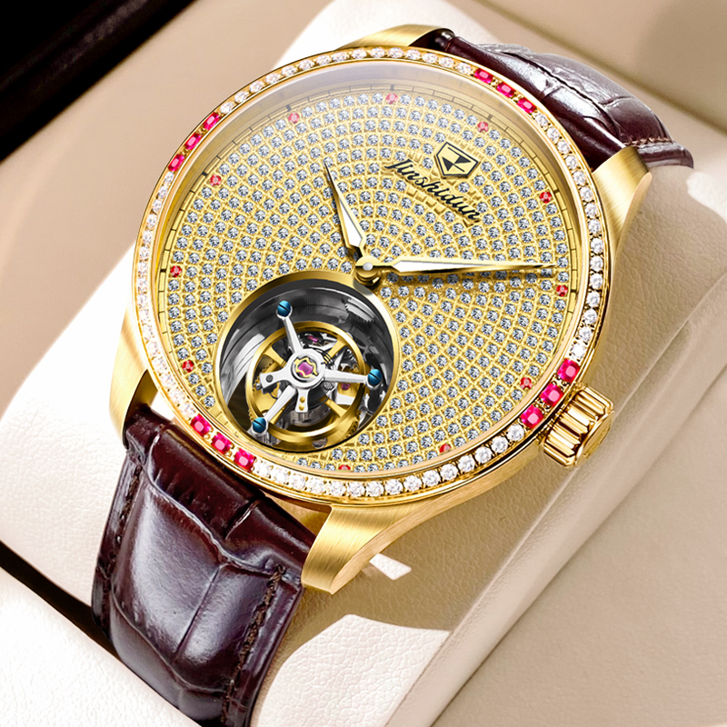 瑞士认证满天星真陀飞轮男士手表机械表钻石金色正品品牌名表十大