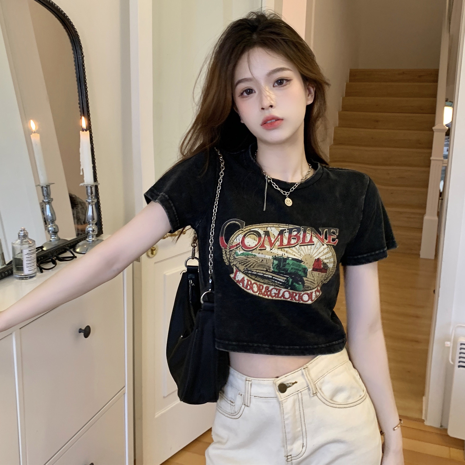 大码胖mmt恤女夏显瘦遮肚微胖法式欧美vintage设计感短款甜辣上衣