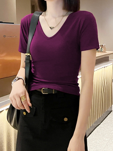 欧货正肩紫色V领短袖T恤女夏季2024新款小众别致修身冰丝针织上衣