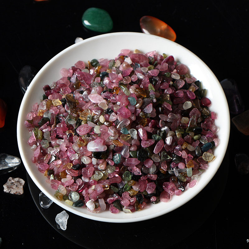 天然碧玺碎石白水晶原彩色碧玺手链消磁鱼缸花盆装原矿小石头家居