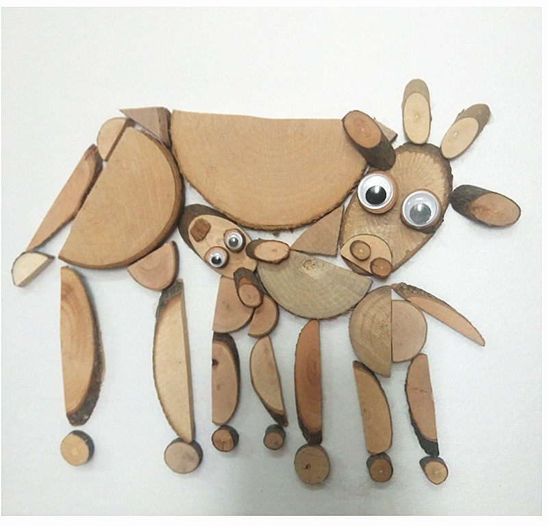 幼儿园木工坊亲子手工制作材料包原木树枝木片动物主题贴画牛龙鹿