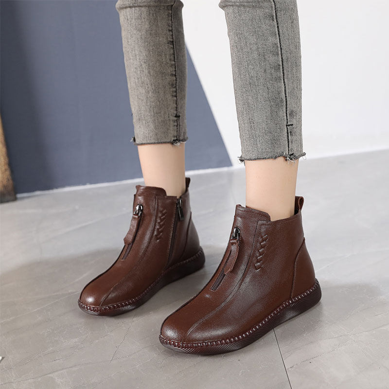 女士平底短靴春秋单靴真皮