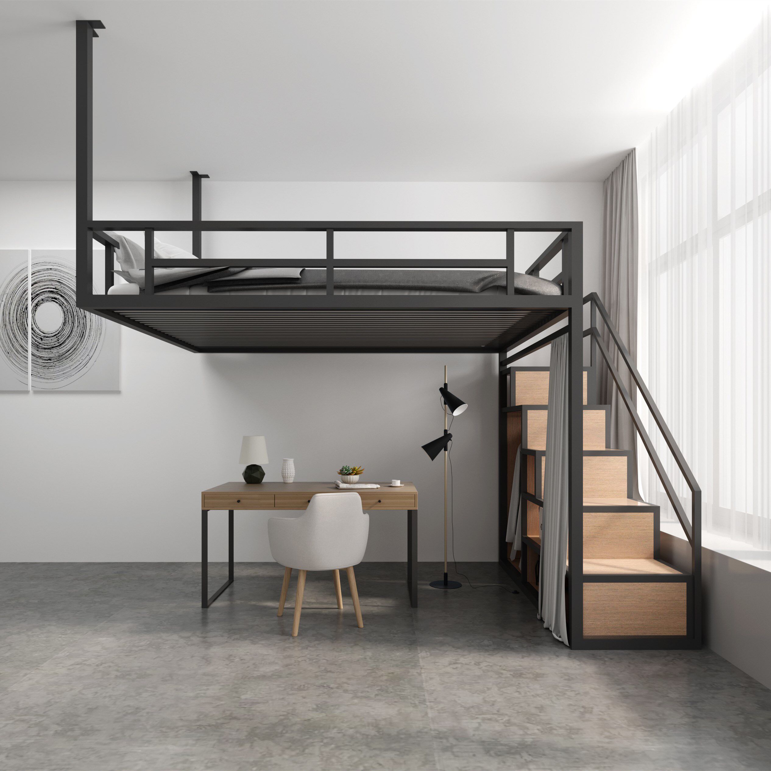 小户型公寓省空间悬挂式铁艺吊床阁楼复式二楼床多功能储物高架床